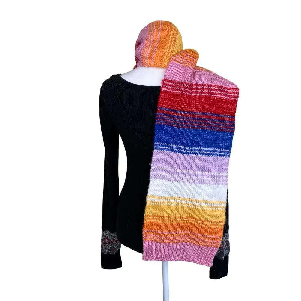 Old Navy Matching Hat and Scarf Set Rainbow Color Chunky Knit Sweater Fabric